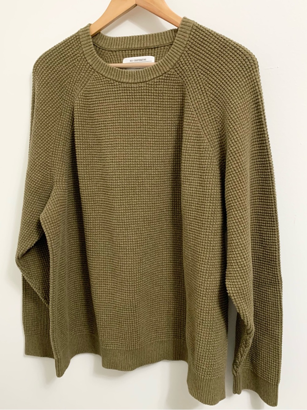 REI Co-op Waffle Knit Crewneck Sweater Olive Green 100% Cotton MENS XL